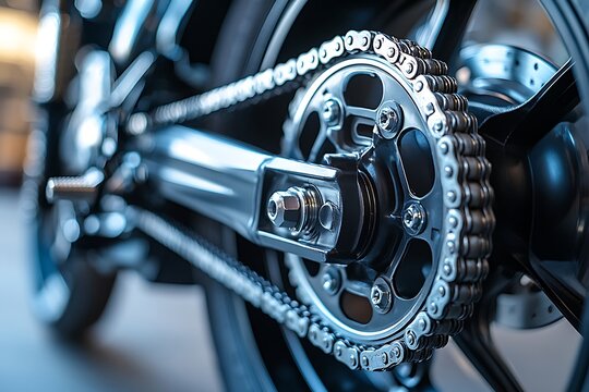 Close up of a gleaming chrome motorcycle rear drive chain and sprocket system with a blurred background