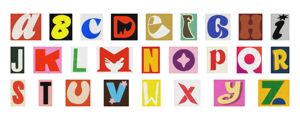 Retro style alphabet collage, colorful cut-out letters PNG transparent