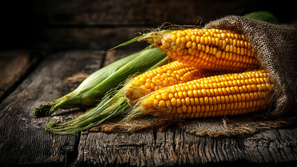 Rustic Harvest Still Life: Golden Corn Cobs on Dark, Textured Wood with Burlap