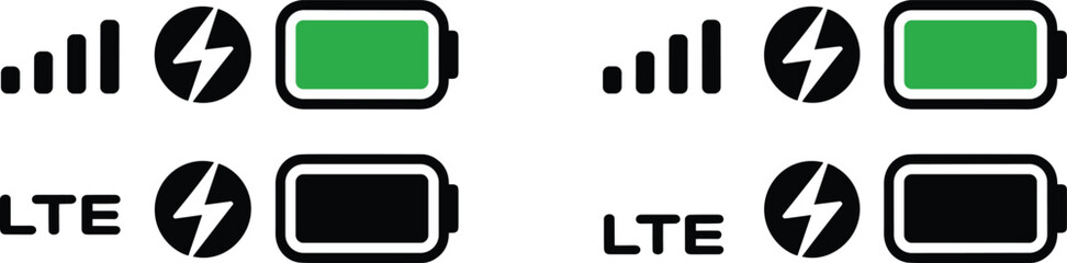 Mobile signal strength icon, LTE network connection, smartphone battery charging indicator, wireless internet power symbol, technology vector design illustration