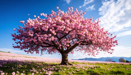 A vibrant cherry blossom tree in a field of pink flowers