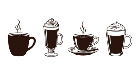 Collection of hot coffee drinks steaming in clear glass and ceramic mugs vector