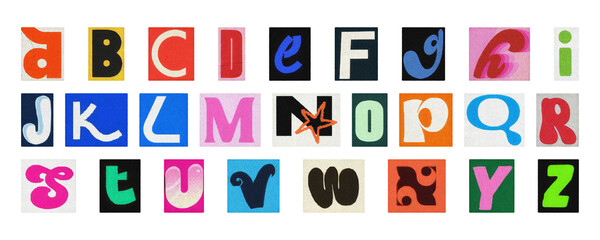 Colorful cut-out alphabet letters set, PNG isolated collage typography