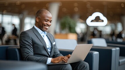 Middle-aged Black man in business casual attire works focused on his laptop while others enjoy coffee nearby in a well-lit office