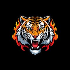 Fototapeta premium Fierce Tiger Head with Flames Digital Illustration on Black Background