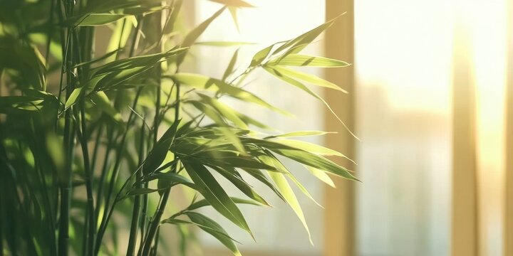 Sunlight filters through green bamboo stalks in a serene indoor setting. The close-up shot captures the natural beauty of the leaves and the soft- warm light creating a peaceful atmosphere