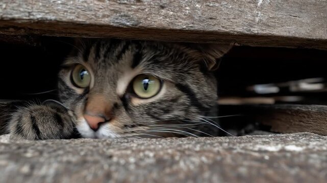 Peek-a-boo: A close-up captures the inquisitive gaze of a domestic cat peeking from beneath a wooden structure, its green eyes and striped pattern dominating the frame.