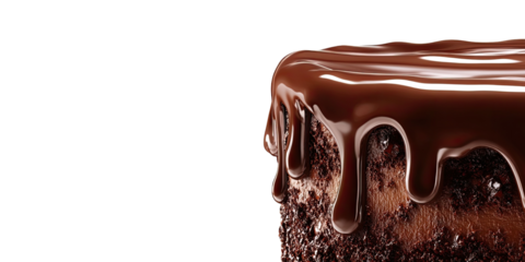 Close-up of a rich chocolate cake with dripping frosting