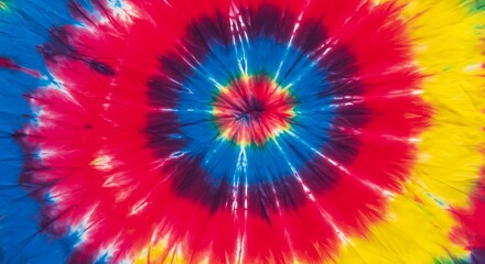 Tie dye vibrant tiedye pattern with a psychedelic spiral design in bright red, blue, and yellow colors for commercial usage
