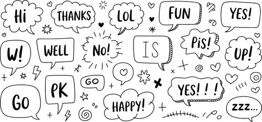 Hand drawn doodle speech bubbles, cartoon text balloons, fun sketch messages, cute comic chat icons, black and white illustration