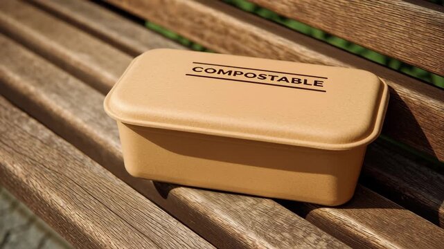 Compostable food container, eco friendly, biodegradable packaging for sustainable outdoor dining with natural design on wooden bench