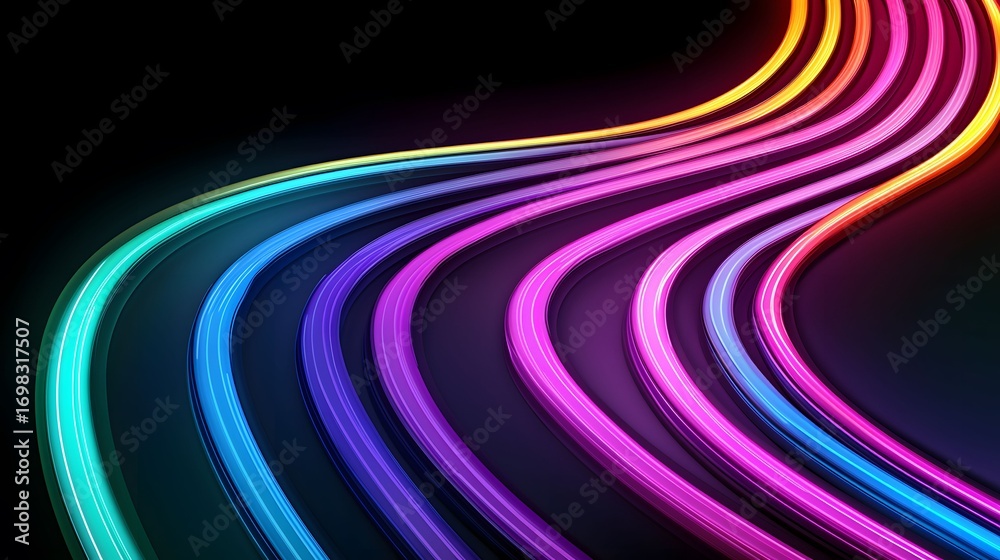 Wall mural the image displays an abstract composition with several colorful, glowing lines that curve and conve