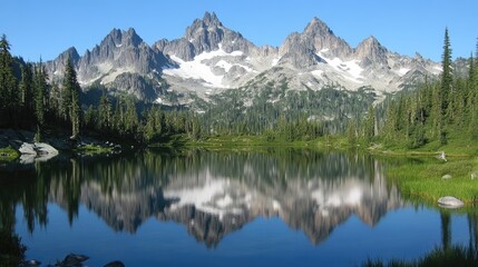 Jagged, Snow-Dusted Peaks Perfectly Mirrored in a Serene, Glassy Alpine Lake