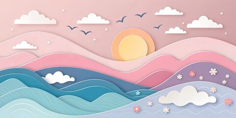 Colorful pastel paper art landscape featuring layered waves, curved hills, glowing sun, scattered clouds, and birds in flight &ndash; whimsical abstract nature illustration for decor or design.