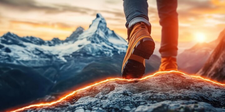 Close-up of a businessman’s foot stepping toward a mountain- signifying ambition- challenge- and the pursuit of goals and success in a dynamic environment.