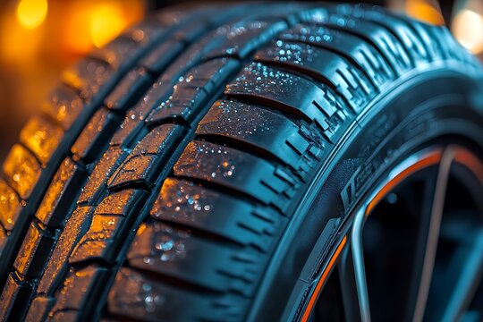 Close up macro shot of a textured car tire tread with water droplets reflecting warm orange and cool blue lights