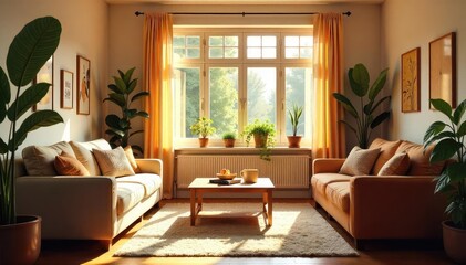 A cozy family home interior, sunlight streaming through a window illuminating warm, inviting furniture and decor Perfect for real estate, home decor, and family lifestyle websites , hearth, sunlight