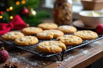 A cozy kitchen scene with freshly baked Christmas cookies cooling on a wire rack, surrounded by festive decorations and baking ingredients , cooking, cooling rack, festive background