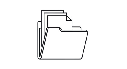 Simple black outline icon of an open file folder containing several paper documents.