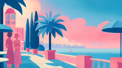 Obraz premium Coastal Promenade Scene with Palm Trees and Figures in a Retro Style
