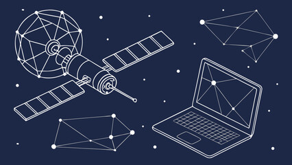 Digital low poly wireframe satellite and laptop illustration, showcasing futuristic design with stars background, evokes sense of innovation
