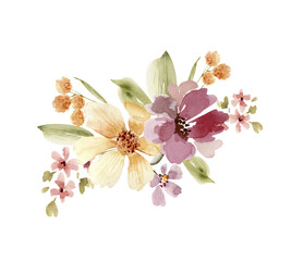 Bouquet of delicate flowers and plants, isolated hand drawn watercolor illustration