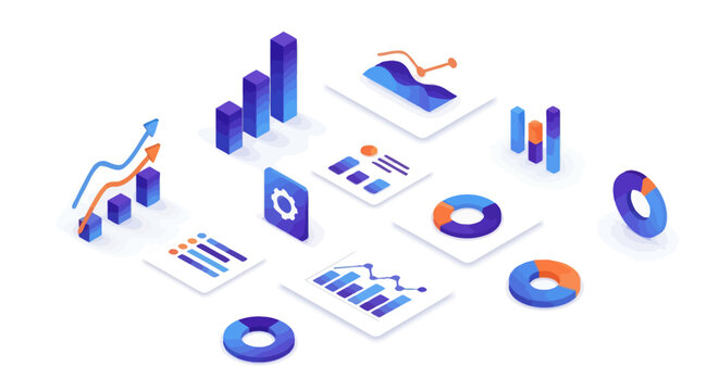 Isometric 3D data visualization icon set with various charts and graphs for business analytics.