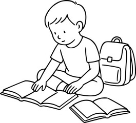 Black and white line art of a child reading book with school bag, minimalist learning illustration