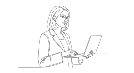 Line Drawing of a Woman Working on Laptop.