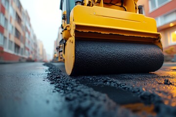 Close up low angle shot of a bright yellow road roller compacting fresh asphalt on a city street during construction