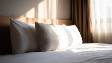 A well arranged bedroom with sunlight filtering through semi sheer curtains,