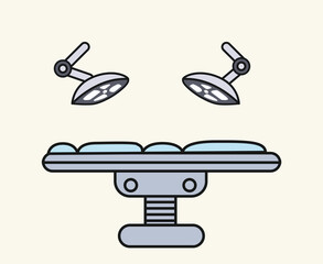 Illustration of a surgical table with two overhead operating lights in a sterile environment, depicted in a minimalist style.