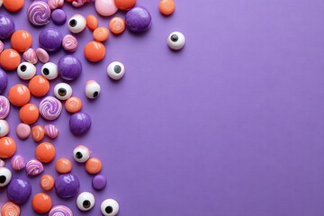 Halloween candy background with spooky googly eyes and colorful sweets on a purple surface with copy space.