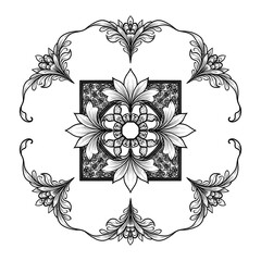 Intricate Black and White Floral Ornament Design: Elegant Rococo Style Decorative Pattern