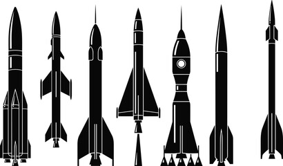 Black silhouette rockets collection, vintage missile vector, space rocket illustration, military weapon design, aerospace technology, missile clipart, rocket launch art