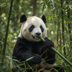 Obraz premium Giant panda eating bamboo in lush green forest