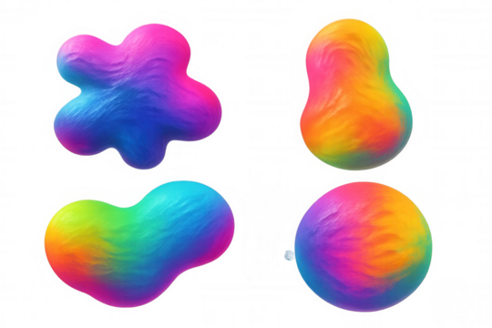 Vibrant multicolored geometric blobs floating freely, digital rendering against transparent backdrop - Powered by Adobe