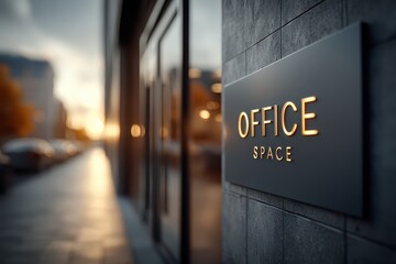 Modern Office Space Signage on Urban Street at Dusk with Soft Light
