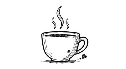 Hand-drawn sketch of a steaming cup of coffee with a heart detail.