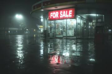 Nighttime Convenience Store with Neon Sign Amidst Rainy Urban Atmosphere
