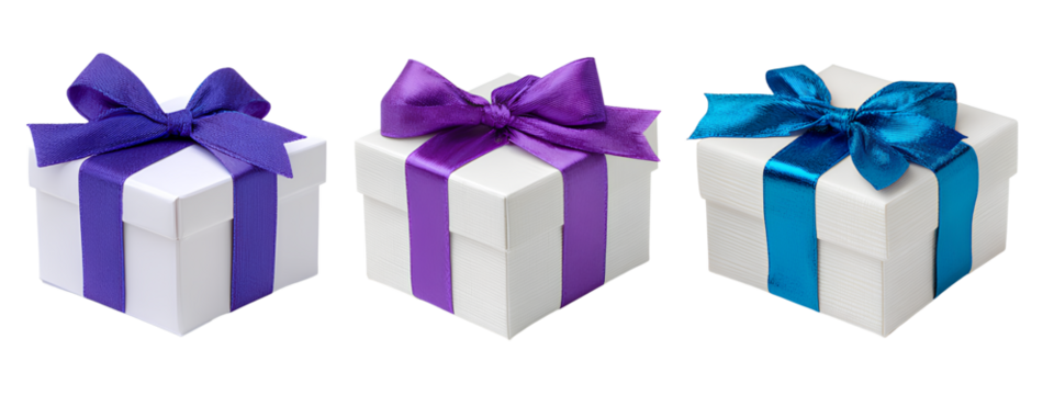  three different gift boxes with blue and purple ribbons isolated on a Transparent background PNG