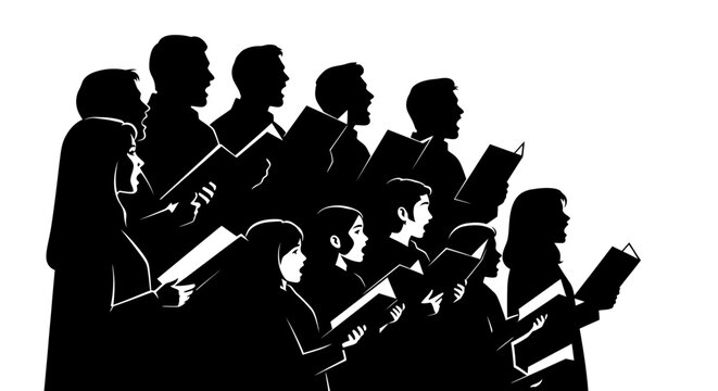 A choir of people in silhouette, reading from books and singing together.