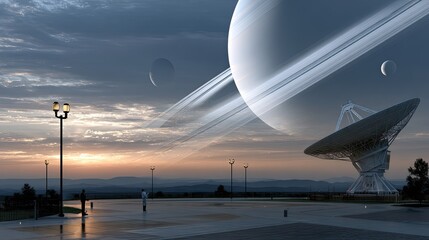 An astronaut observes distant planets and moons from an alien landscape featuring an industrial base and towering machinery