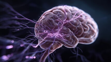 Rett Syndrome Awareness Month. medical illustration of human brain with highlighted MECP2 gene pathway related to Rett Syndrome, neural connections glowing in purple tones