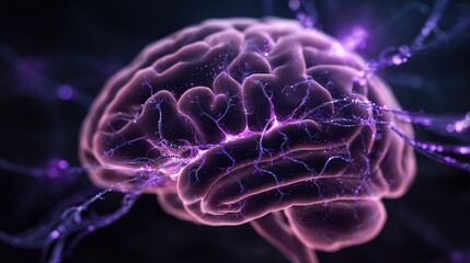 Rett Syndrome Awareness Month. medical illustration of human brain with highlighted MECP2 gene pathway related to Rett Syndrome, neural connections glowing in purple tones