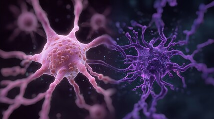 Rett Syndrome Awareness Month. Comparative illustration of healthy neuron vs Rett Syndrome affected neuron, synaptic differences highlighted in purple