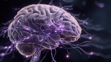 Rett Syndrome Awareness Month. medical illustration of human brain with highlighted MECP2 gene pathway related to Rett Syndrome, neural connections glowing in purple tones