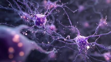 Rett Syndrome Awareness Month. Microscopic view of neurons with damaged synapses, dendritic spines highlighted in purple, medical illustration for Rett Syndrome research