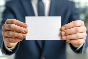 Professional Man Holding Blank White Business Card in Elegant Office Setting