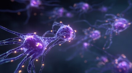 Rett Syndrome Awareness Month. Scientific diagram of neurotransmitter imbalance in Rett Syndrome, synaptic vesicles and receptors shown in detail, purple glow emphasis, research illustration